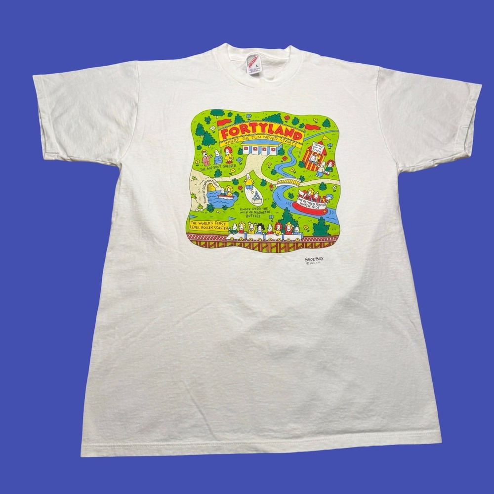 Vintage Fortyland T Shirt Large Jerzees USA 90s Birthday Humor Cartoon